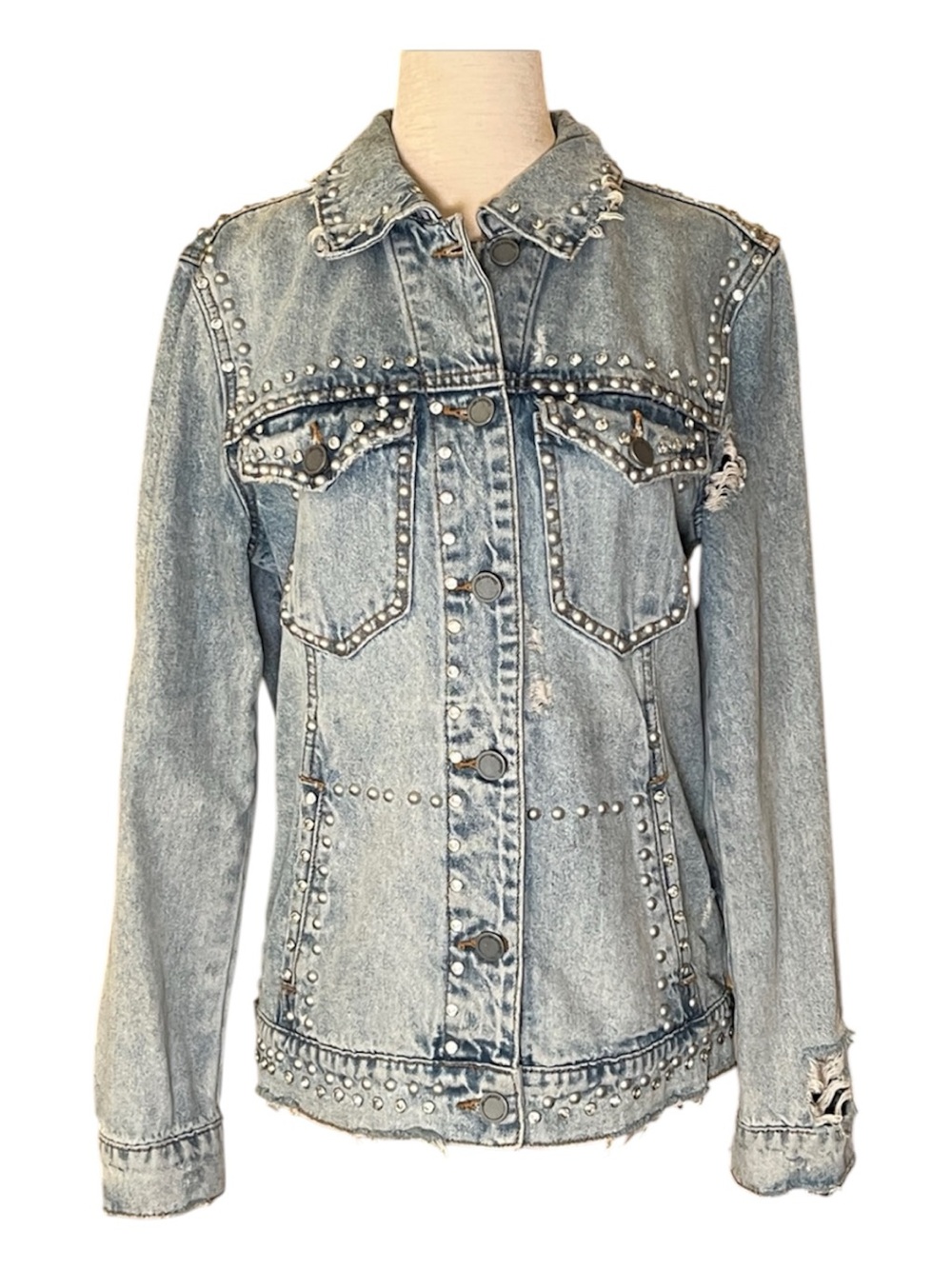 BLANK NYC distressed denim jacket with Crystals and Silver Studs